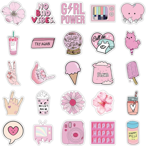 50 st Kawaii Pink Stickers - Söta estetiska vackra VSCO Grils Preppy Stickers för vattenflaska, bärbar dator, bagage, dator