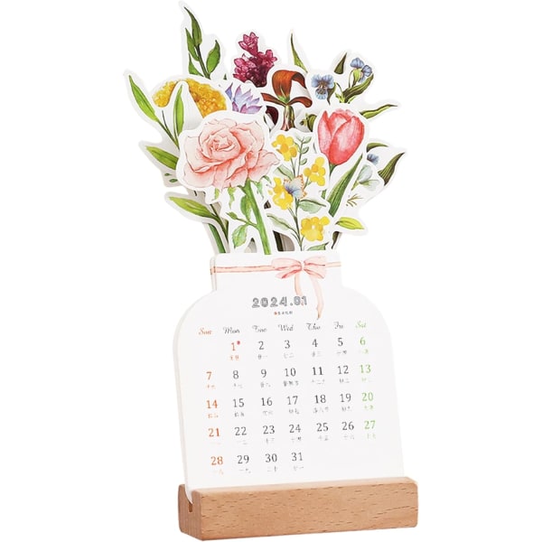 2024 Creative Flower Desk Calendar, Vasformad Nyårs Månadskalender Planner 3,9" x 9,4" Kreativ tecknad söt skrivbordskalender i trä