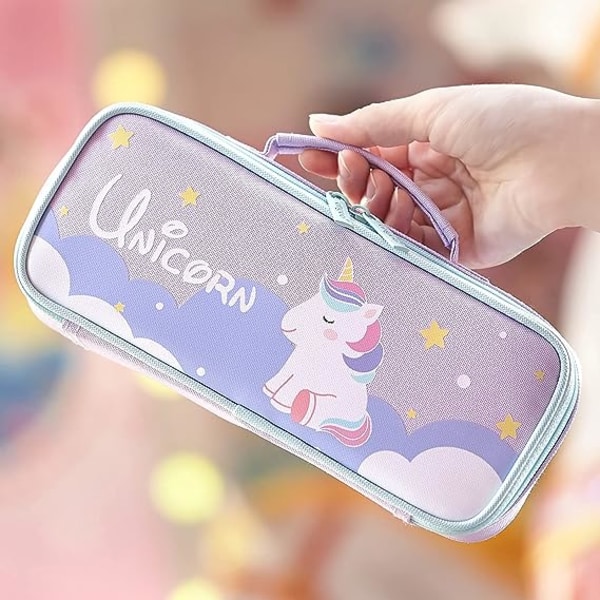 Söt case Unicorn pennfodral Medium kapacitet Bärbar multifunktions pennväska med fack för flickor Barn Tonåring-lila