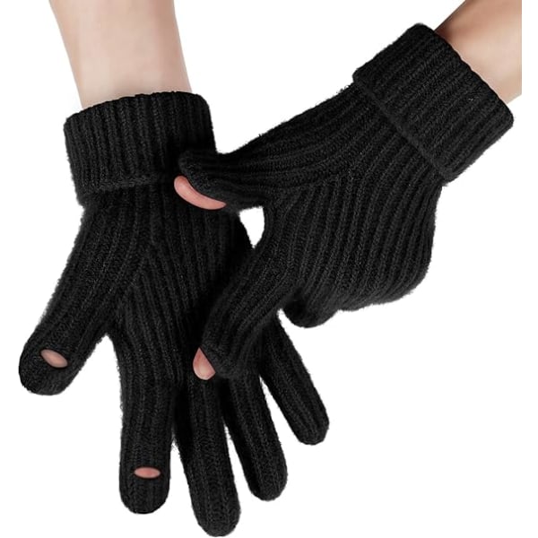 Vinterstickade handskar för män kvinnor, texthandskar med pekskärm, varm stickad handske för utomhus mjukt elastiskt foder -svart