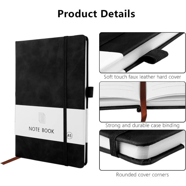 A5 Notebook, 2 Pack Notebook A5 200 sidor 100 GSM Journal Notebook Hardback Anteckningsblock med bokmärke, pennögla och elastisk stängning (svart+rosa)