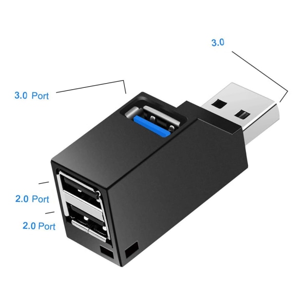 USB 3.0 3 Port Hub (2x USB 2.0 + USB 3.0), Data Hub kompatibel med PC och andra USB 3.0-kompatibla enheter-svart