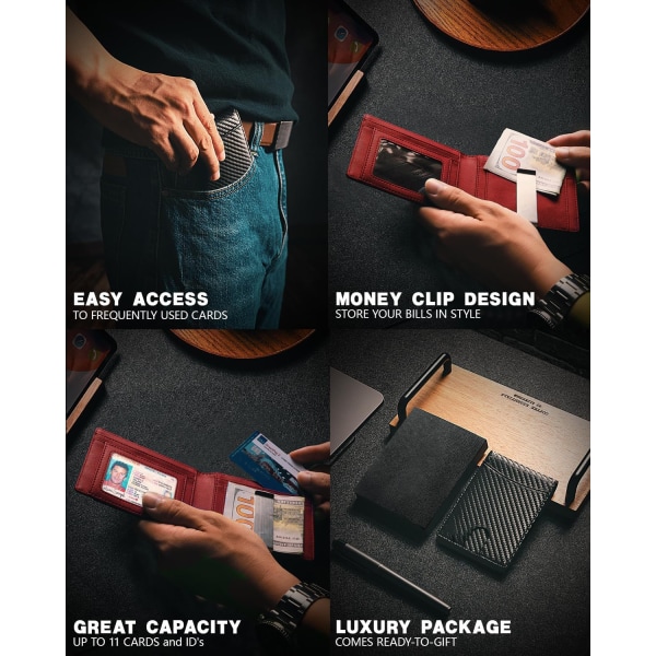 Smal Money Clip-plånböcker för män RFID-blockerande 11-kortshållare Minimalistisk Liten Läder Bifold Herr Plånbok Framficka Presentask - svart röd