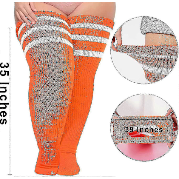 Plus Size Dame Lårstrømper til Tykke Lår - Ekstra Lange Stribede Tykke Over Pumpa Orange Vit