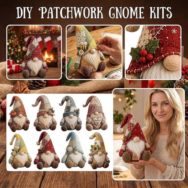 DIY-sy-sett til jul, materialpakke for patchwork-nisse, avslappende håndarbeidssett for julepynt k8