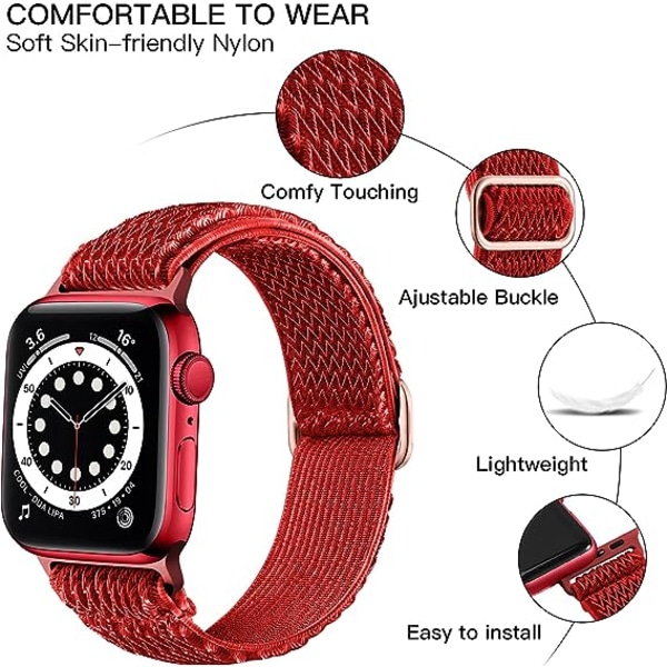 Elastiska band som är kompatibla med Apple Watch -band, Stretchy Solo Loop Mjukt nylon för kvinnor Män/Röd/Storlek: 38/40/41 mm