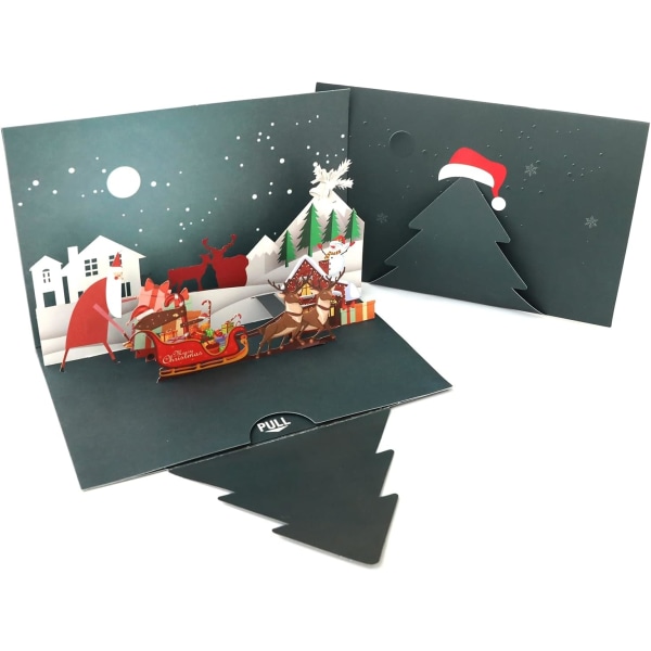 Julkort 3D Santa & Deer Cart Gratulationskort Julvykort, etikett och kuvert ingår - Presenter till jul, roliga god jul tackkort