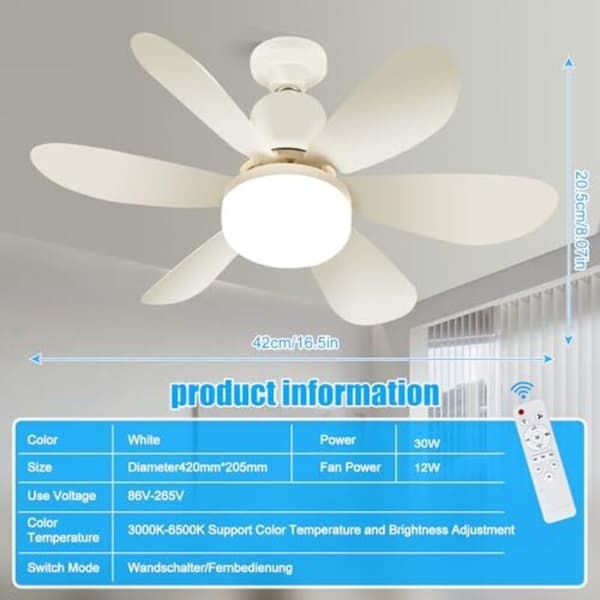 Silent LED Ceiling Fan with Light Remote Control 3 Dimmable Modes 3 Speeds Timer for Bedroom Living Room Kitchen Office