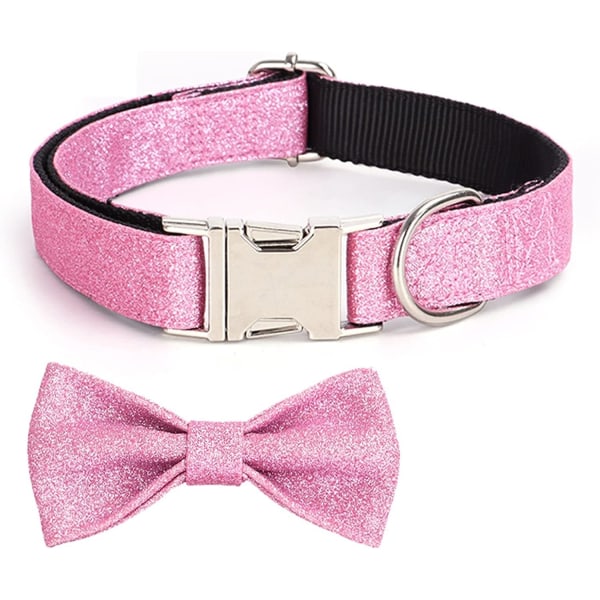 Sequin Bowknot Dog Collar - Adjustable Self-Engraved Nylon Dog Collar - Pink - Size XS