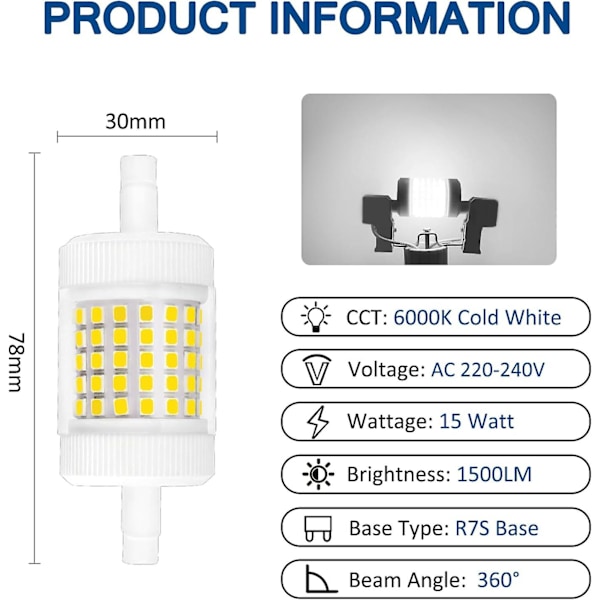R7S LED Pære 78mm Dimbar 15W Kald Hvit 6000K, 1500LM, AC 230V, Halogen Blyant Ekvivalent R7S 120W 100W, J78 Lineær LED for Taklampe Projektør,
