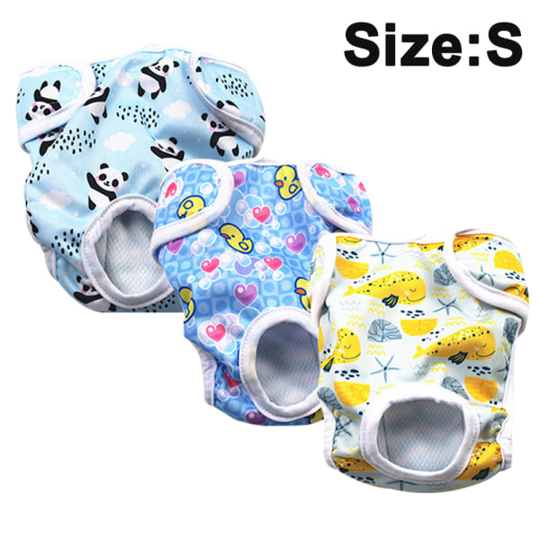 Förpackning med 3 Återanvändbara tvättbara hundblöjor-litet print + lilla gula print + liten print storlek S