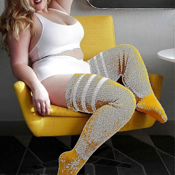 Plus Size Dame Lårstrømper til Tykke Lår - Ekstra Lange Stribede Tykke Over Ljus ingefära gul vit