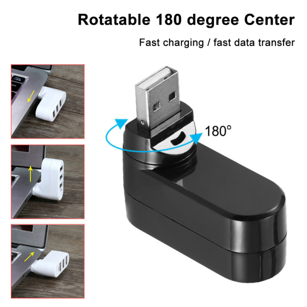 Premium 3-port ABS Mini USB 3.0 Hub, roterbar 90°/180° USB HUB, kreativ hub - sort