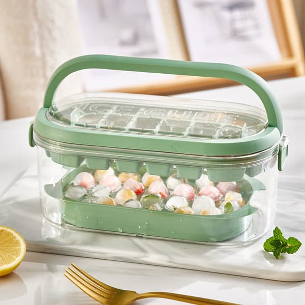 Double-layer 54-compartment ice cube mold, DIY silicone ice cube handle ice box, large capacity refrigerator ice cube tray, green