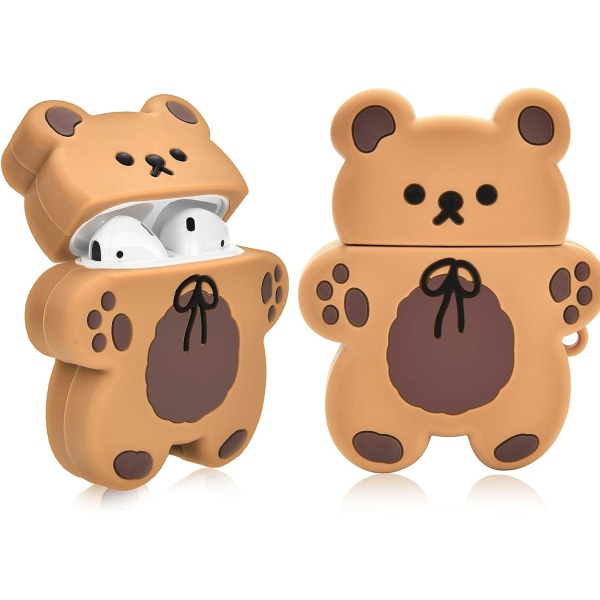 Björnnyckelring Tecknad kex Björndesign Fullt skyddande cover kompatibelt med AirPod 2&1 case för barn och kvinnor (mörkbrun)
