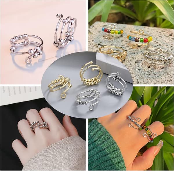 7 Pcs Fidget Anxiety Rings Adjustable Ring Set Adjustable Rings Fidget Rings Ladies Bead Band, Stackable Colorful