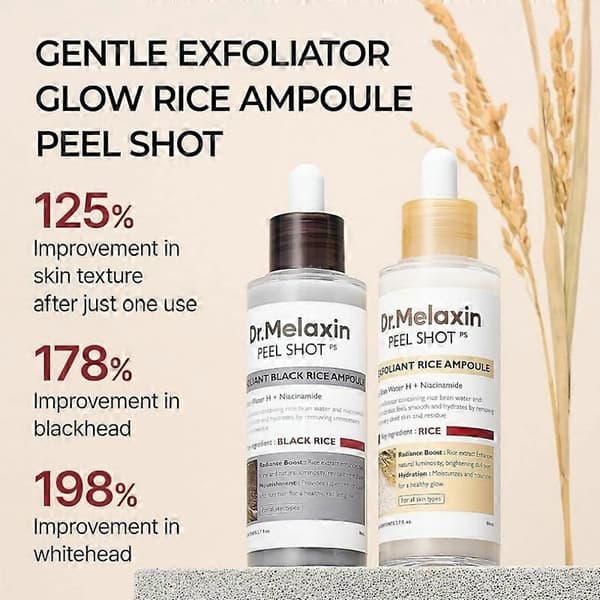 Peel Shot Glow Rice Ampul Duo Hvid ris Sort ris ampul Blød eksfolierende ansigts- og kropsskrubbe Døde hudceller, fjerner hudorme til alle 80ml