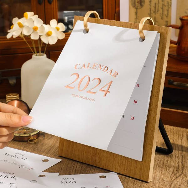 Desk Calendar 2024 - Standing Flip Calendar Wooden Monthly Calendar Metal Binding Thick Paper,Desktop Decoration Desk Calendar for Home School Office