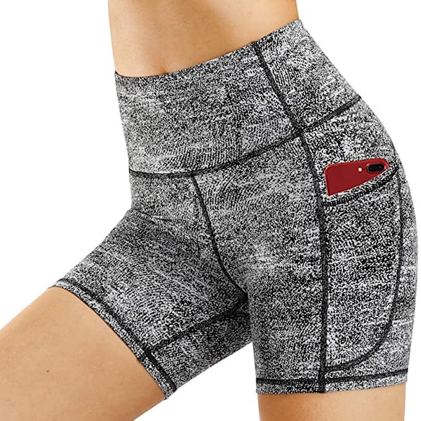 Yoga Shorts, dameshorts, sidelommer med telefonlomme, høy midje, yoga fitness, treningsbukser, underdeler Gray L