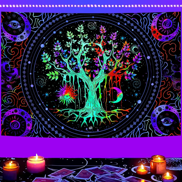 Blacklight Tree of Life Tapestry Vägghängande Trippy Tapestry UV Reactive Wall Tapestry Galaxy Tapestry Blacklight Tapestry för sovrum (130x150cm)