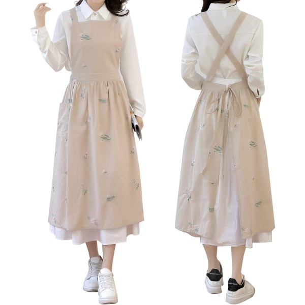 inafore Förklädesklänning，Japansk bomull Linne Cross Ryggförkläde för kvinnor med fickor，Matlagningsförkläde, Trädgårdsförkläde