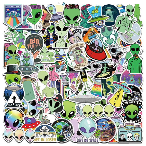 Aliens Stickers Pack för vattenflaskor Bärbar dator, 100 st Vinyl Vattentät Estetisk UFO-dekal för klippbok Datortelefon Gitarrbagage