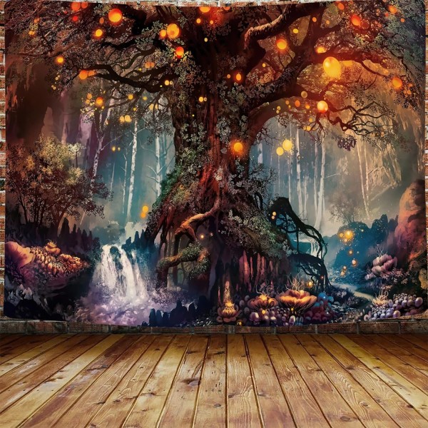 Magical Forest Tapestry Life Tree Tapestry Trippy Wall Tapestry Väggupphängning för sovrum (130x150cm)