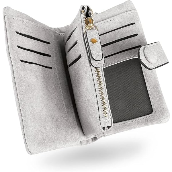 Små armbandsplånböcker för kvinnor, Bifold RFID-plånbok i läder med ID-fönster Dragkedja Myntväska Retro frostat dragkedja med spänne handväska Grå