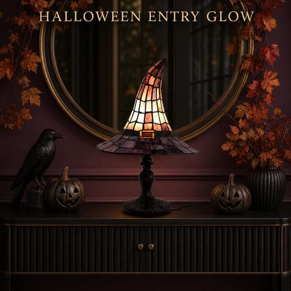 Oversized Golden Stained Glass Halloween Witch Hat Lamp