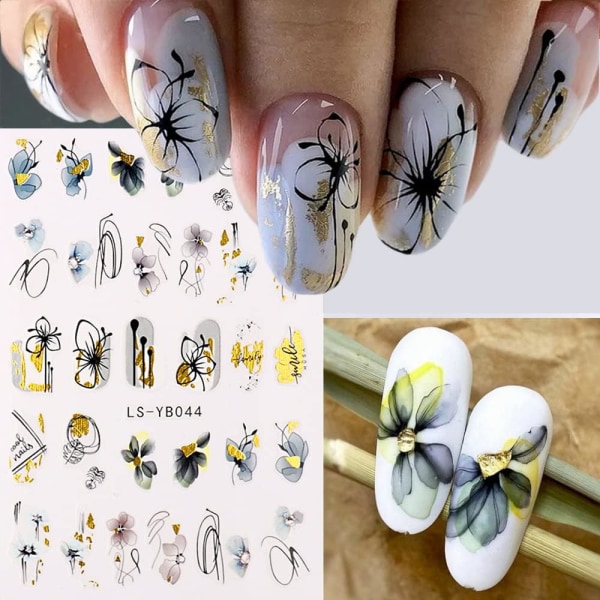Flower Nail Art Stickers Vårnageldekaler för akrylnaglar 3D självhäftande nail art Söt blommig fjärilsnageldesign 6 ark