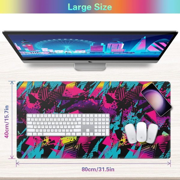Spelmusmatta, 31,5 x 15,7 tum datortangentbord Musmatta Skrivbordsmatta med halkfri bas och sydd kant för hemmakontoret (färgglad geometrisk)