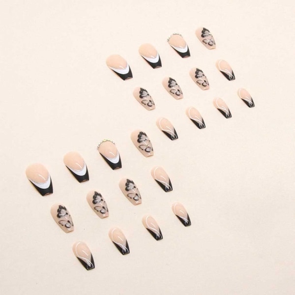 French Black Press on Nails Medium, Butterfly Fake Nails Naken Kista Akryl False Nails,Konstgjorda naglar för kvinnor och flickor-24st