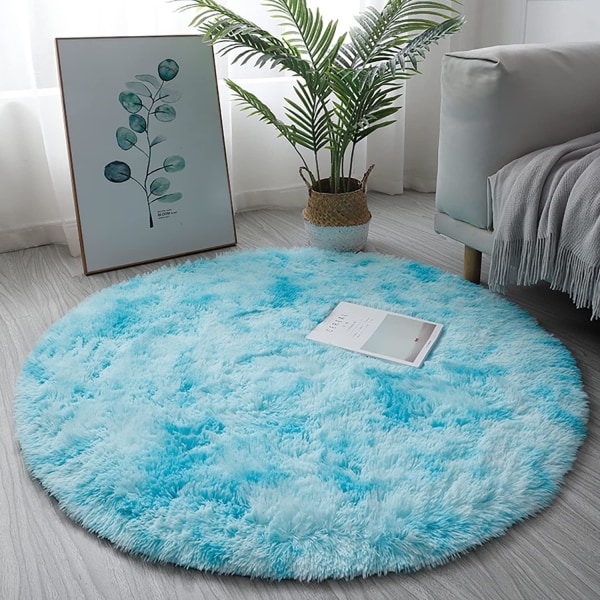 Rund matta, modern matta med hög lugg, sängmatta i sovrummet, bekväm och mjuk, halkfri lurvig golvmatta, fluffig matta, himmelsblå, 60 cm/24 tum