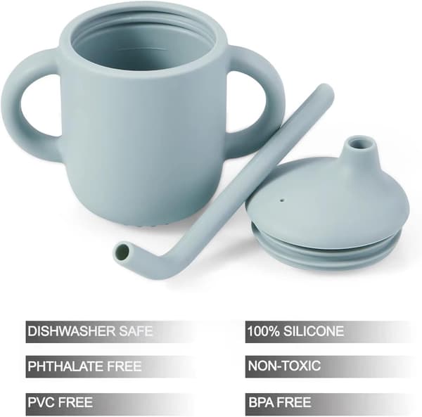 2-pack 100% Small Silicone Training Cup with Handles & Straw for Babies and Toddlers (White Blue)