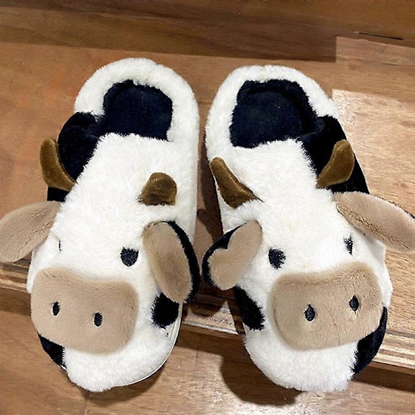 Fuzzy Ko-Slippers Søde Varme Behagelige Bomuldssko Dyreform Slip-on Slippers til Kvinder Pige Vinter Cow Cotton Mop Package 40 41inner Length24.5cm