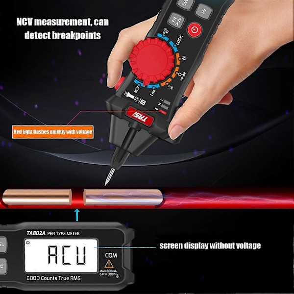 Fickpenna Multimeter Bärbar Mini Smart Digital Mätare Amperemeter TA802A Automatisk Identifiering