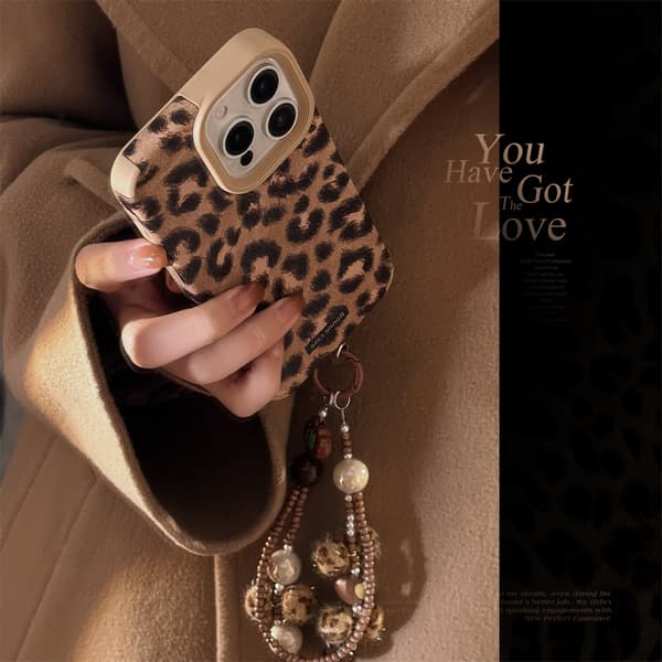 Fulltäckande Stødsikkert Perle-Lanyard-Etui til iPhone (Leopardmønster)