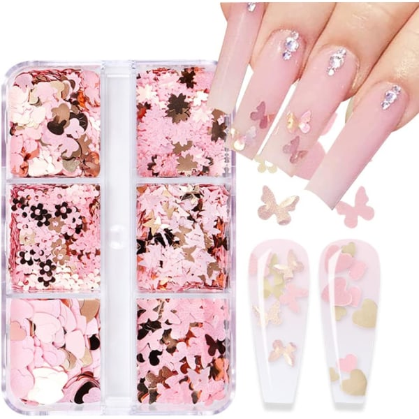 3D Hjärtnagelkonst Glitter Rosa Fjäril Stjärndesign Nagelpaljetter Sparkle Flakes Naglar Dekoration Konfetti Holografisk Manikyrspets Tillbehör