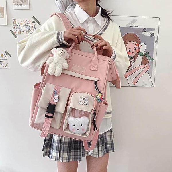 Kawaii ryggsäck med söt nål Tillbehör Plyschhänge Kawaii skolryggsäck Söt estetisk ryggsäck-rosa