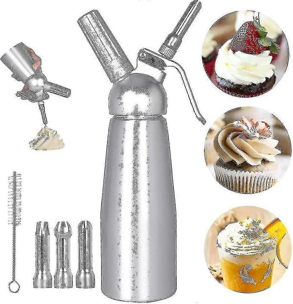 Flødeskumssifon 500 ml med 3 ladere i rustfrit stål, flødedispenser til hjemmebag og dessertdekorationer