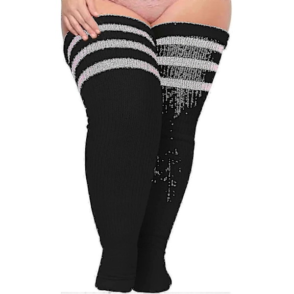 Plus Size Dame Lårstrømper til Tykke Lår - Ekstra Lange Stribede Tykke Over Svart ljusrosa
