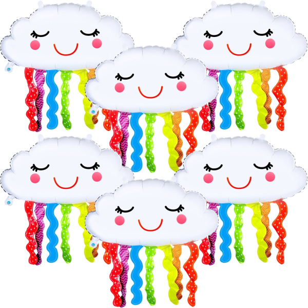 6 stycken 30 tums regnbåge Molnformade folieballonger Regnbågsfolie Mylarballonger Leende ansikte Tofsballonger för festdekorationer med regnbågetema