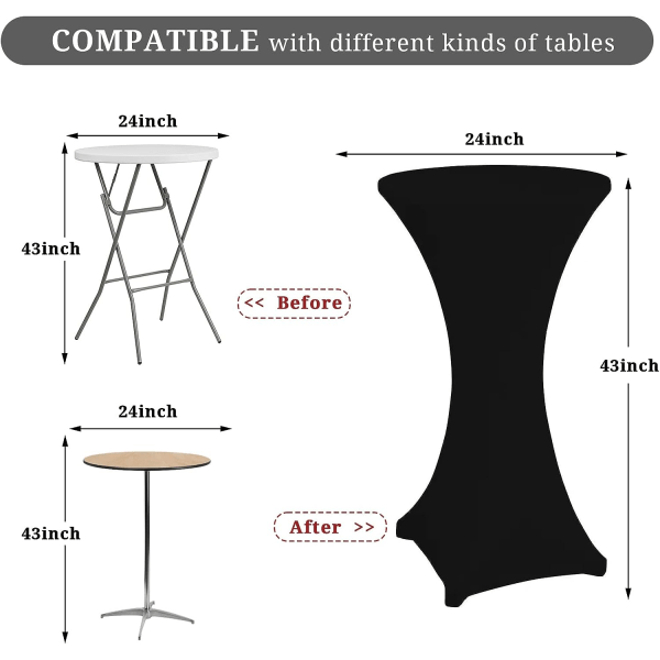 Sett med 3 elastiske firkantede hjørner Cocktail Spandex duk 60 x 110cm Svart Rund Cocktail duk(Svart)