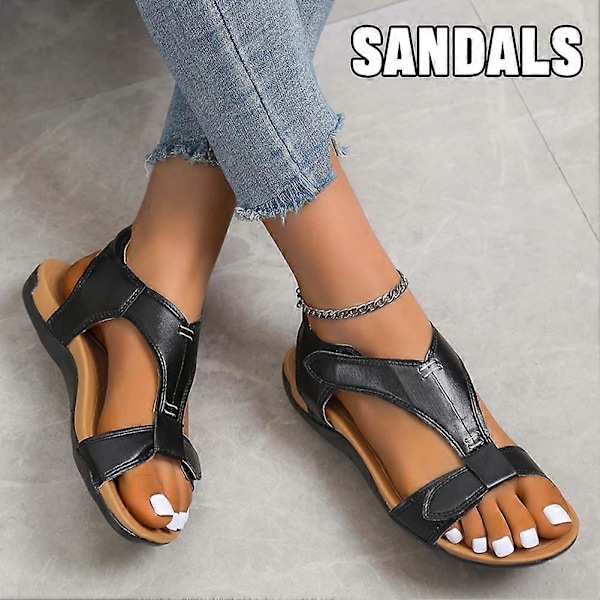 Retro-nahkaiset litteät sandaalit naisille, kevyet liukumattomat rantakengät ostoksille ja treffeille Grey 38