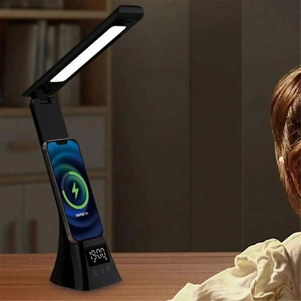 Genopladelig Skrivebordslampe Øjenbeskyttende Skrivebordslampe med LCD-display Foldbar Arm Øjenbeskyttende Bordlamper Hvid