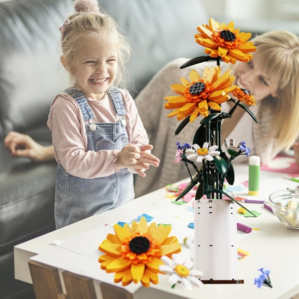 Solrosbyggklossar Blombukett med vas för vuxna tonåringar, trädgårdsbyggande leksaker för flickor Pojkar Heminredning - 821st