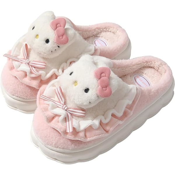 Kawaii tøfler søte lodne slides - Tegneserie kvinners fire sesonger hjem bomull tøfler hus hjemmesko for kvinner rosa KT katt sko indre lengde 24cm