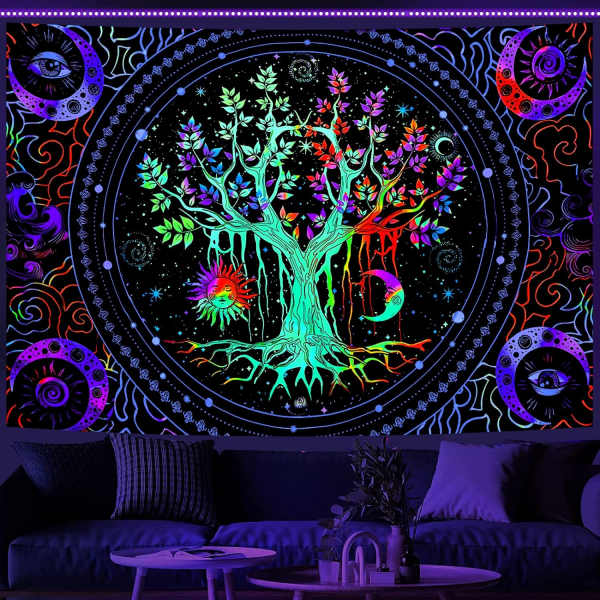 Blacklight Tree of Life Tapestry Vägghängande Trippy Tapestry UV Reactive Wall Tapestry Galaxy Tapestry Blacklight Tapestry för sovrum (130x150cm)