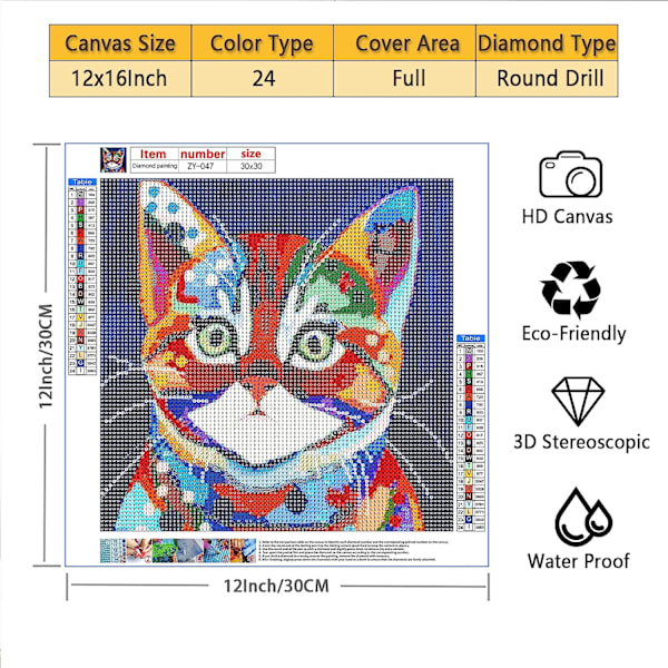 Diamantmålning Katt Kits för Vuxna 5D Färgglada Djur Måla efter Dimond Fulla Runda Borrar Hantverk för Hemvägg Dekor Present 12x12