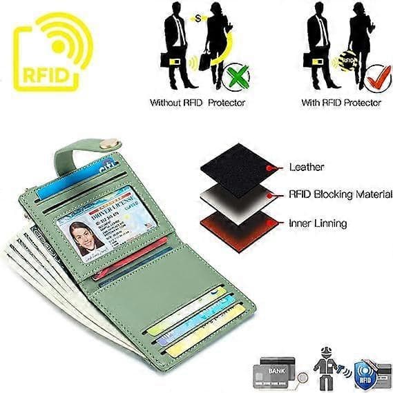 Slank pung til kvinder, RFID-blokerende bi-fold kortholder med lynlåslomme til mønter, ID-vindue & nøglering